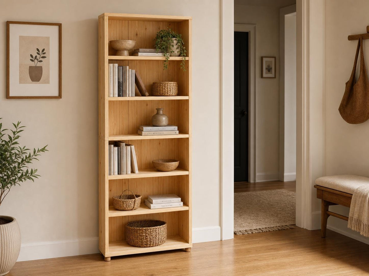 Solid Pine 6-Shelf Bookcase with Natural Finish