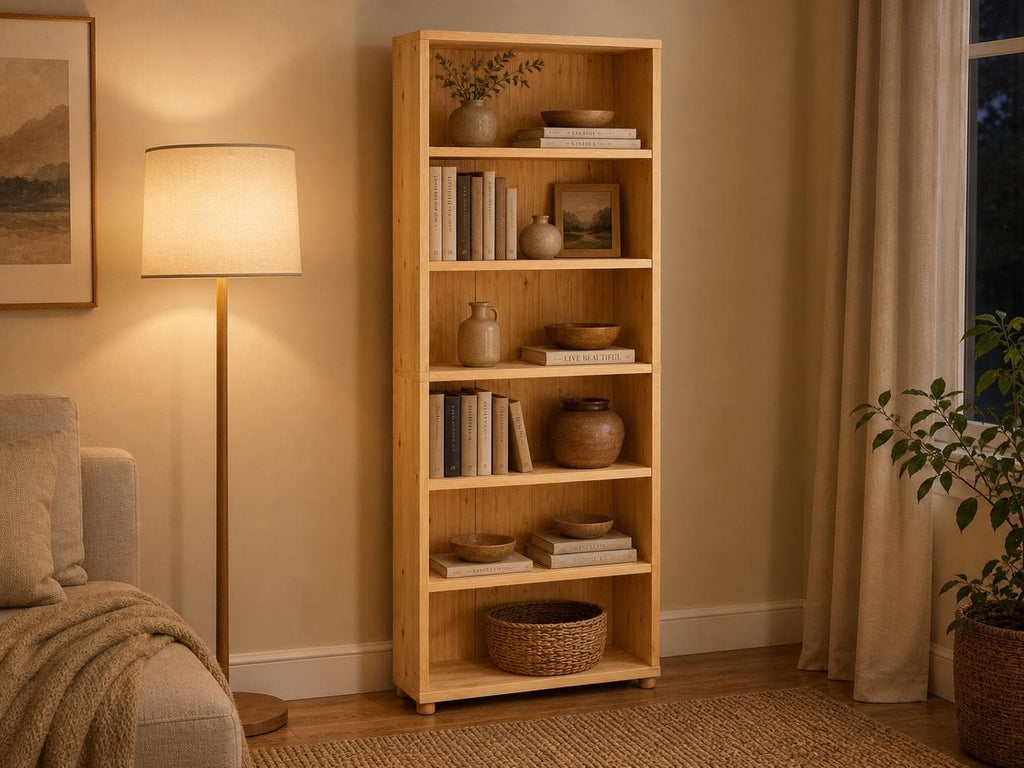 Solid Pine 6-Shelf Bookcase with Natural Finish