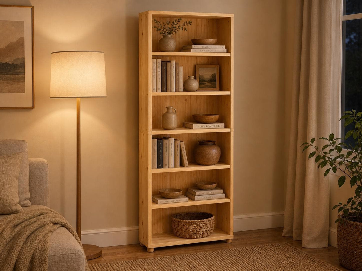 Solid Pine 6-Shelf Bookcase with Natural Finish