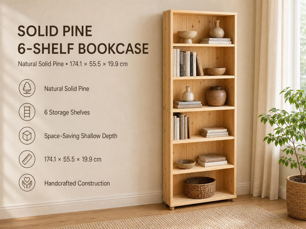 Solid Pine 6-Shelf Bookcase with Natural Finish