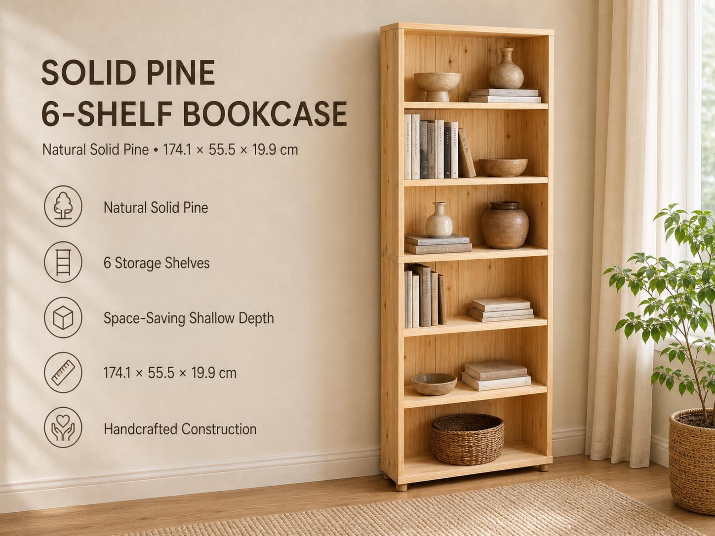 Solid Pine 6-Shelf Bookcase with Natural Finish