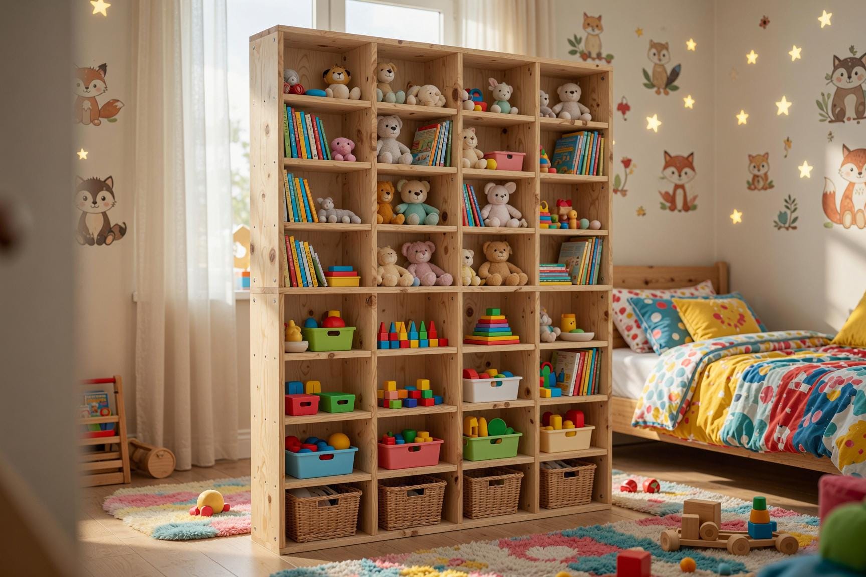 Wooden Bookshelf with Multiple Shelves — Natural pine 8x4
