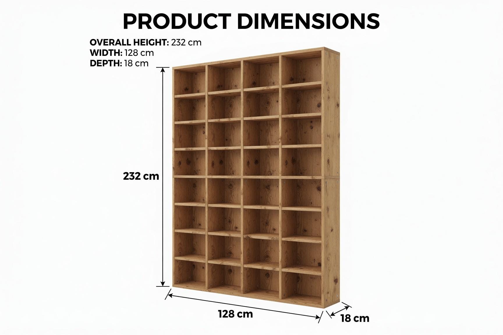 Wooden Bookshelf with Multiple Shelves — Natural pine 8x4