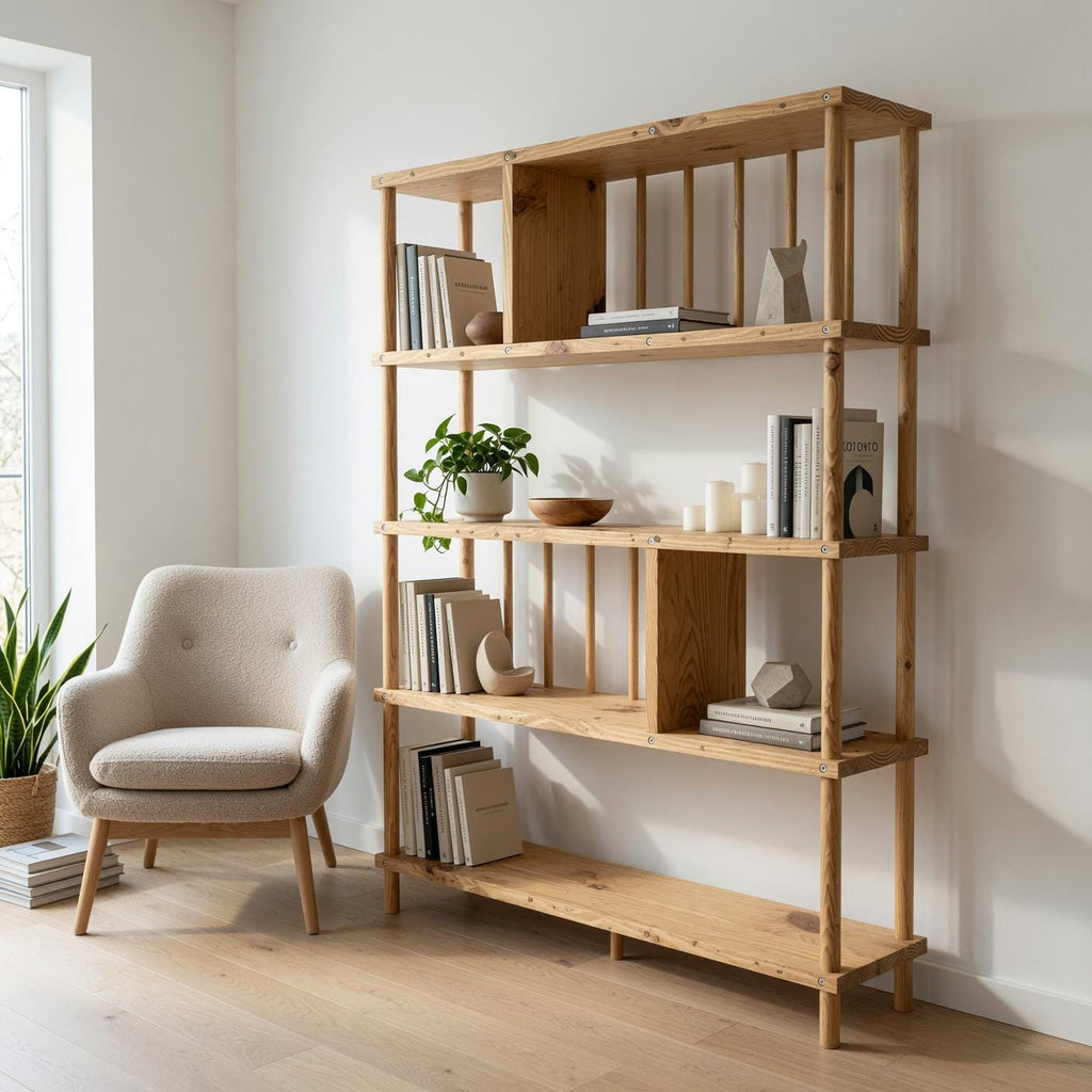 Handmade Solid Pine Bookcase with Vertical Rod Design