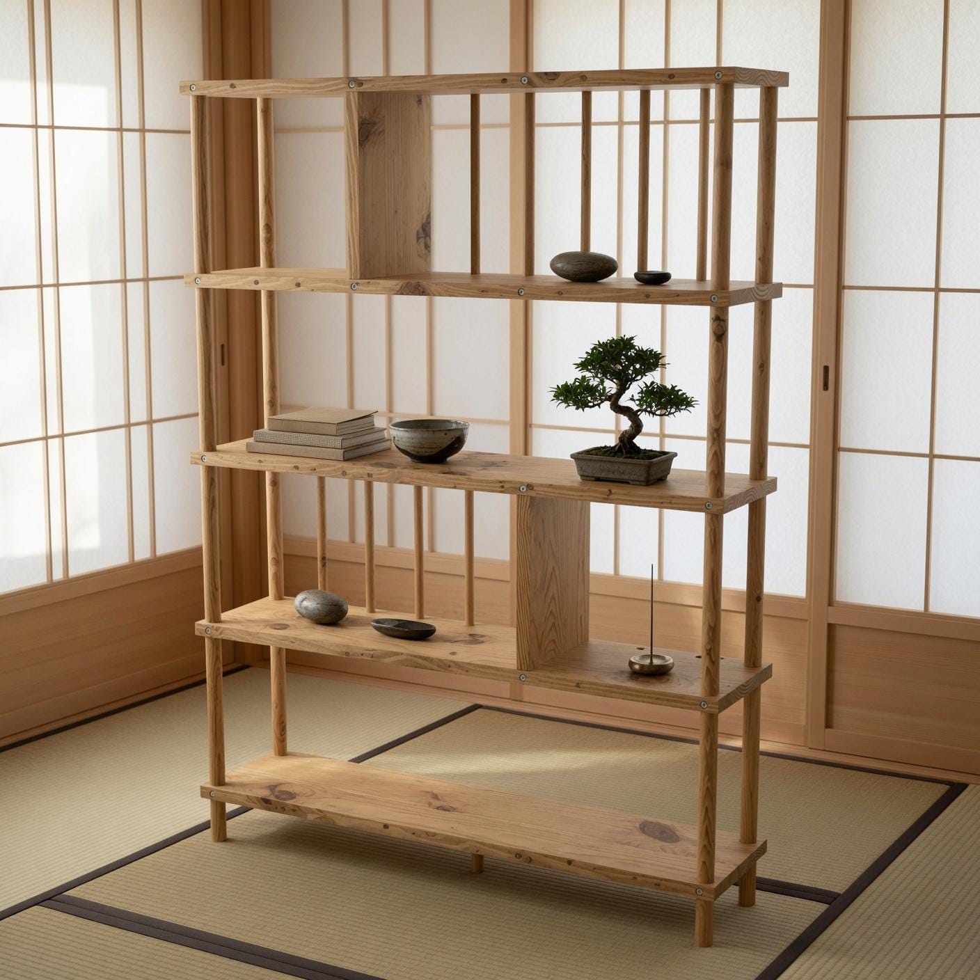 Handmade Solid Pine Bookcase with Vertical Rod Design