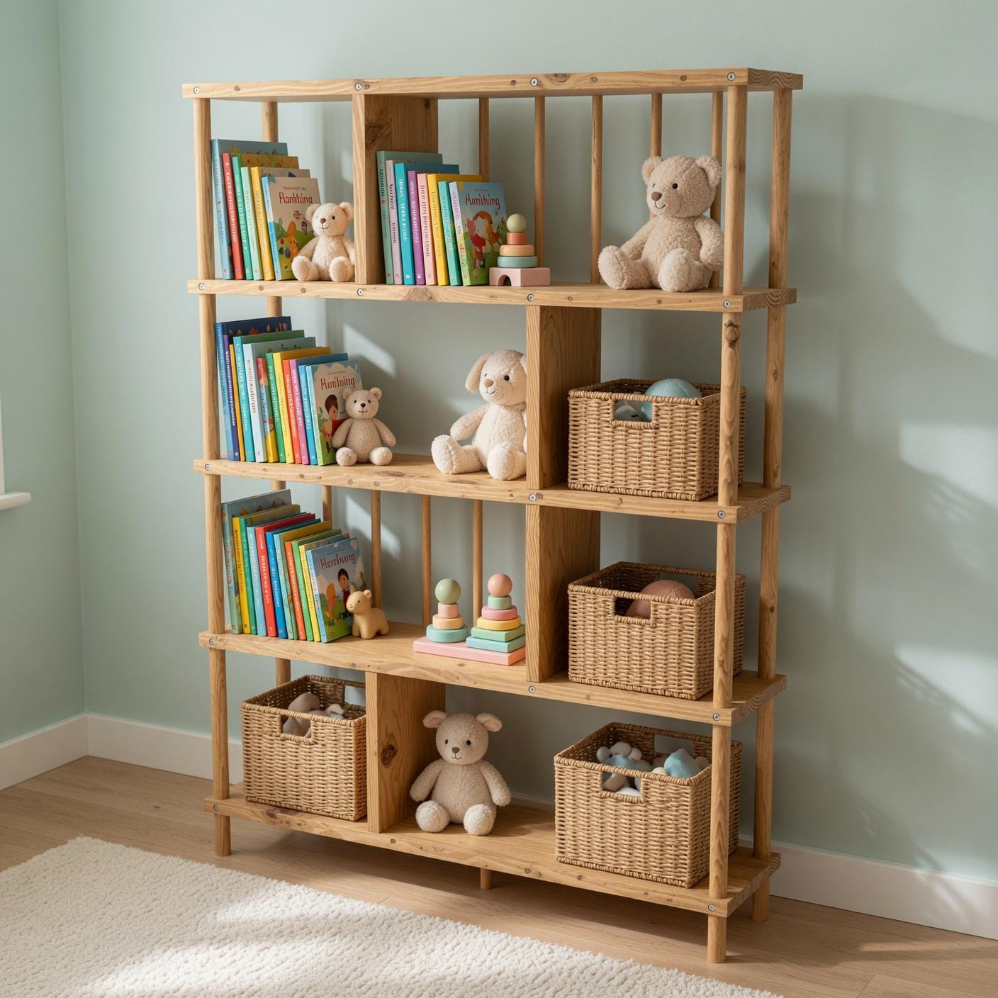 Handmade Solid Pine Bookcase with Vertical Rod Design