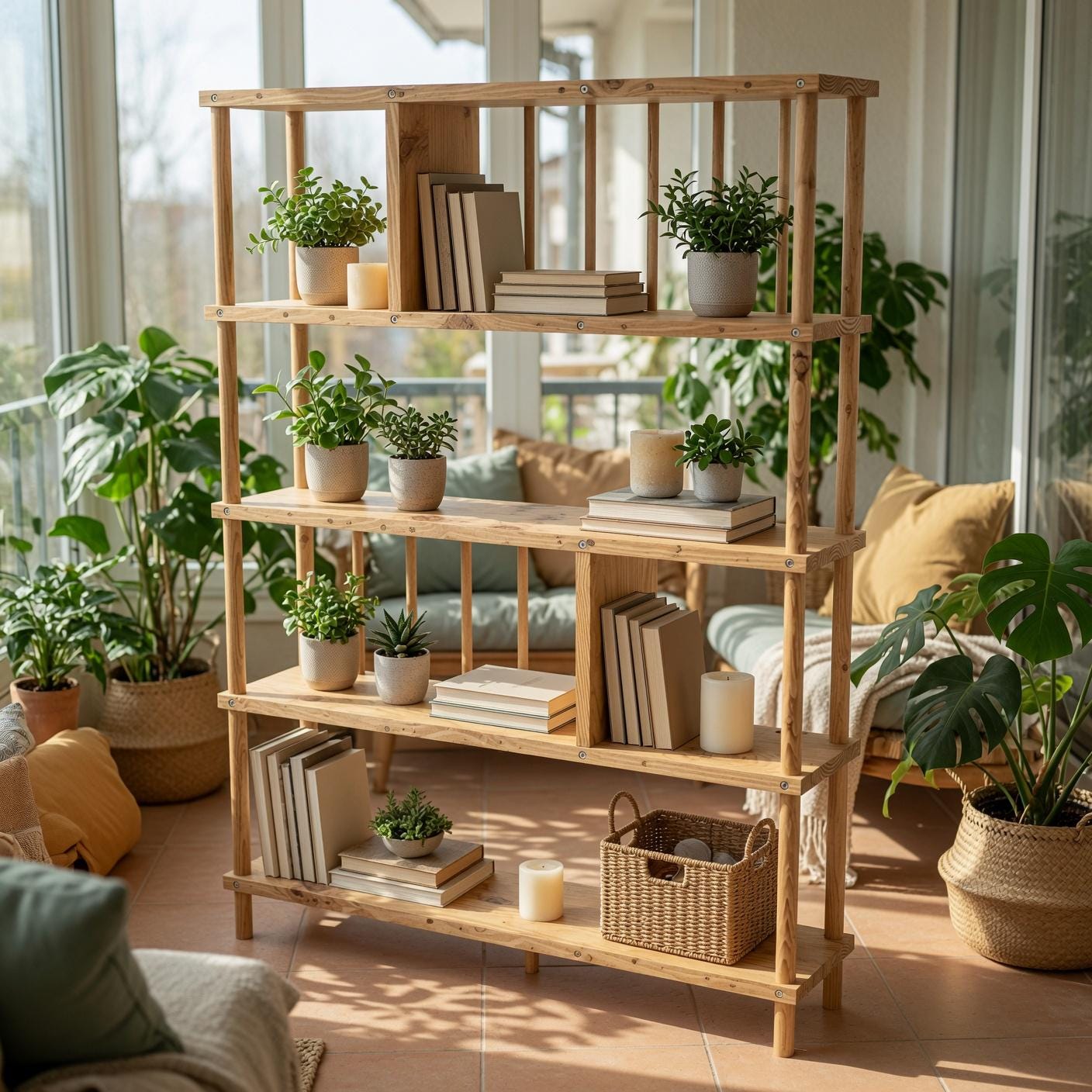 Handmade Solid Pine Bookcase with Vertical Rod Design