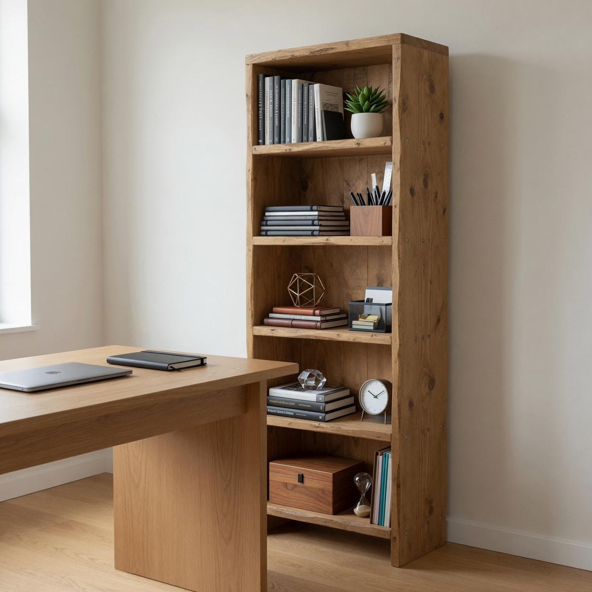 Solid Pine 5-Shelf Bookshelf, Natural Rustic Minimalist Storage Rack
