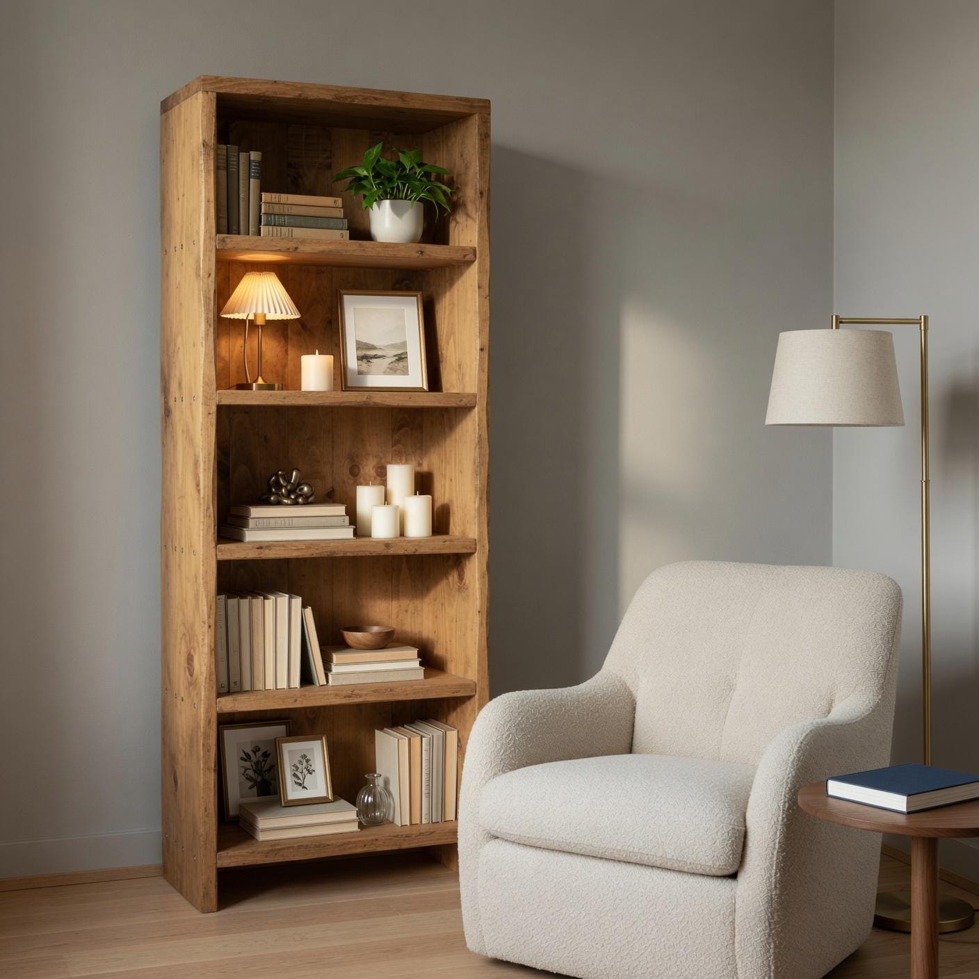 Solid Pine 5-Shelf Bookshelf, Natural Rustic Minimalist Storage Rack