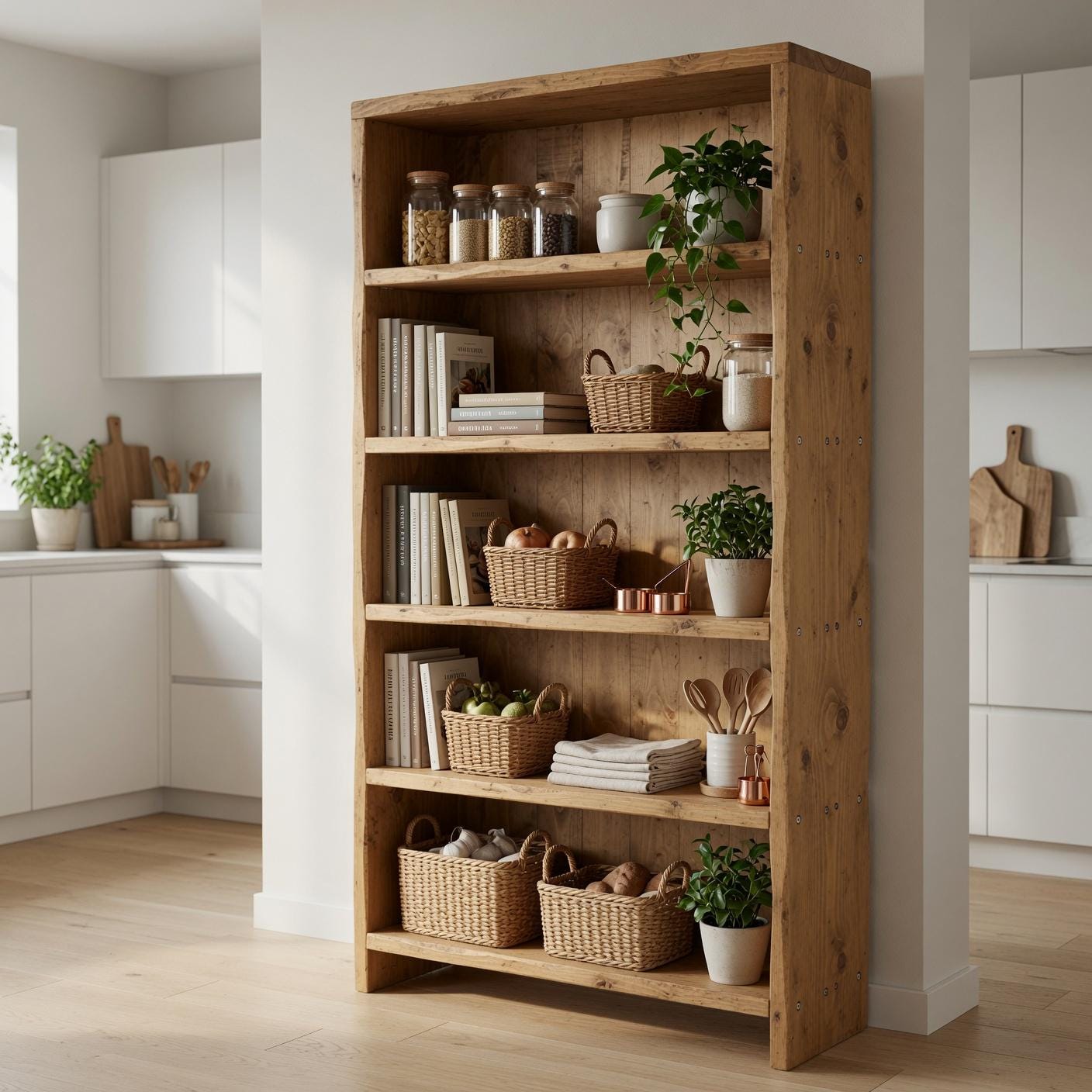 Solid Pine 5-Shelf Bookshelf, Natural Rustic Minimalist Storage Rack