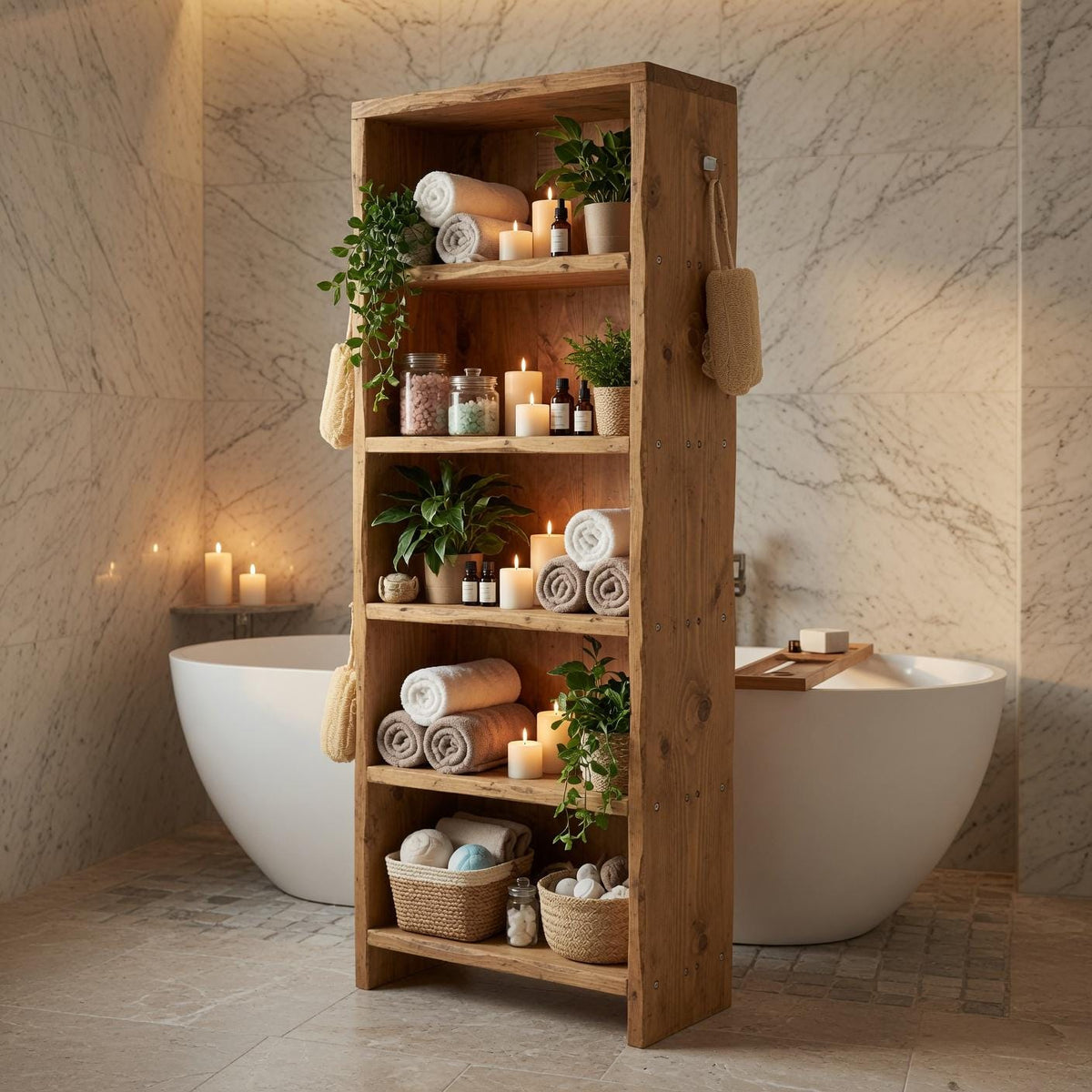 Solid Pine 5-Shelf Bookshelf, Natural Rustic Minimalist Storage Rack