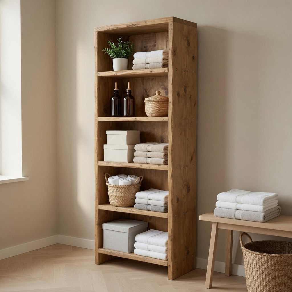 Solid Pine 5-Shelf Bookshelf, Natural Rustic Minimalist Storage Rack