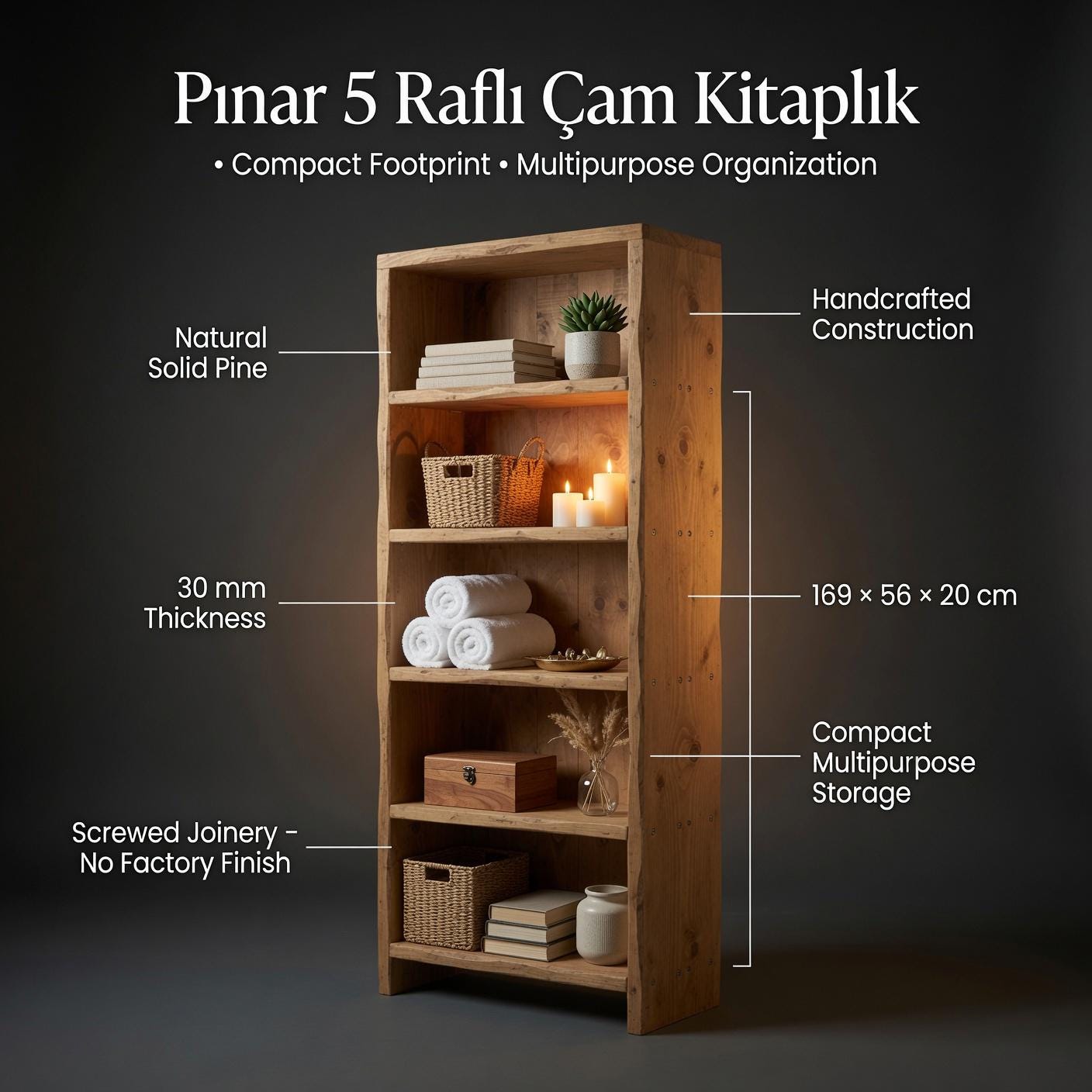 Solid Pine 5-Shelf Bookshelf, Natural Rustic Minimalist Storage Rack