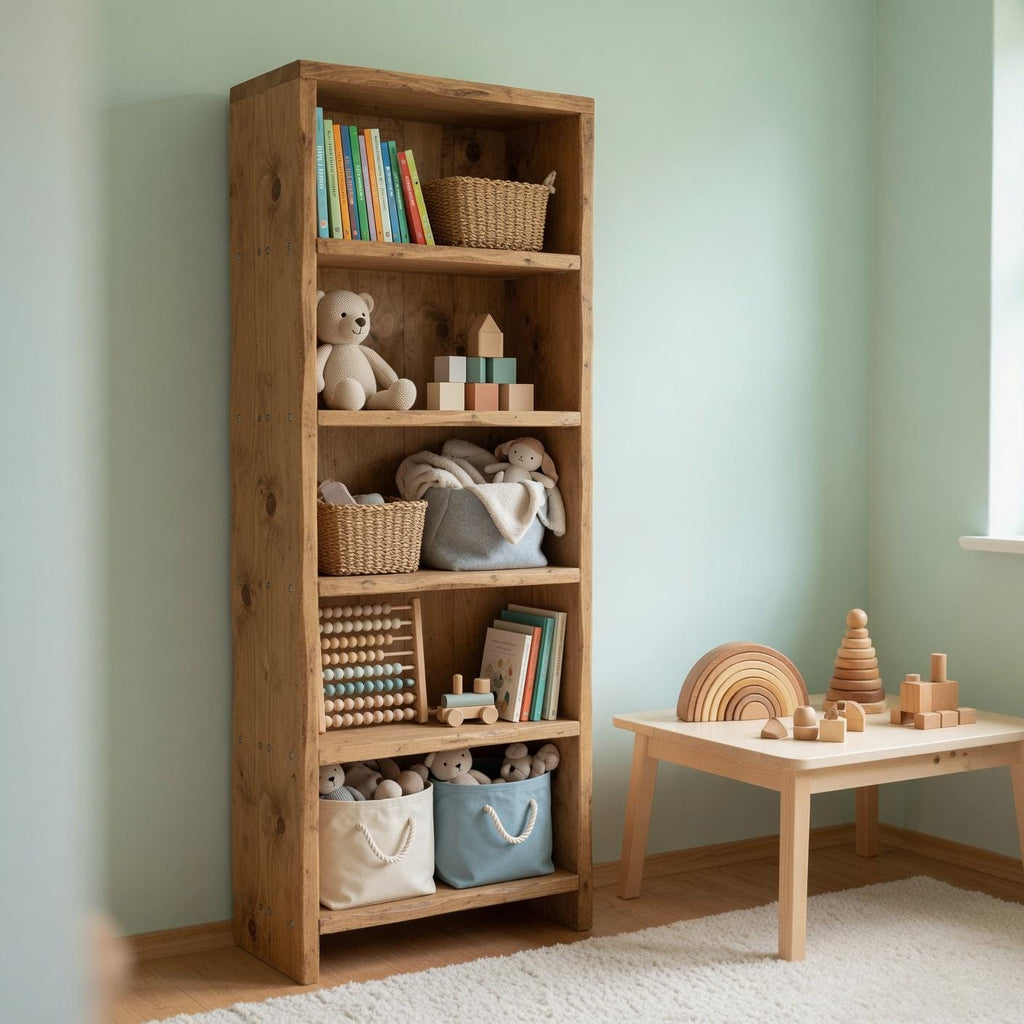 Solid Pine 5-Shelf Bookshelf, Natural Rustic Minimalist Storage Rack