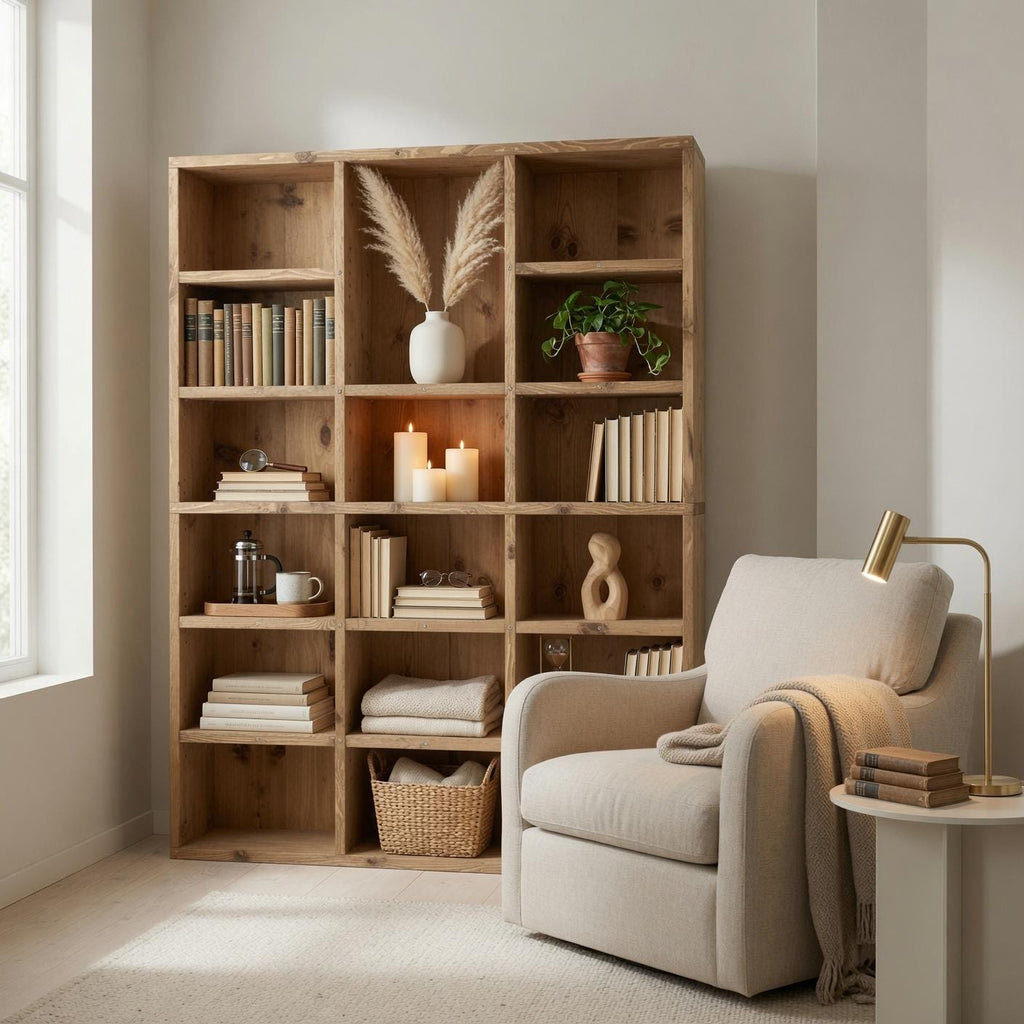 Solid Pine Wood Bookshelf, Rustic Multi-Shelf Storage Rack, Natural Modern Furniture