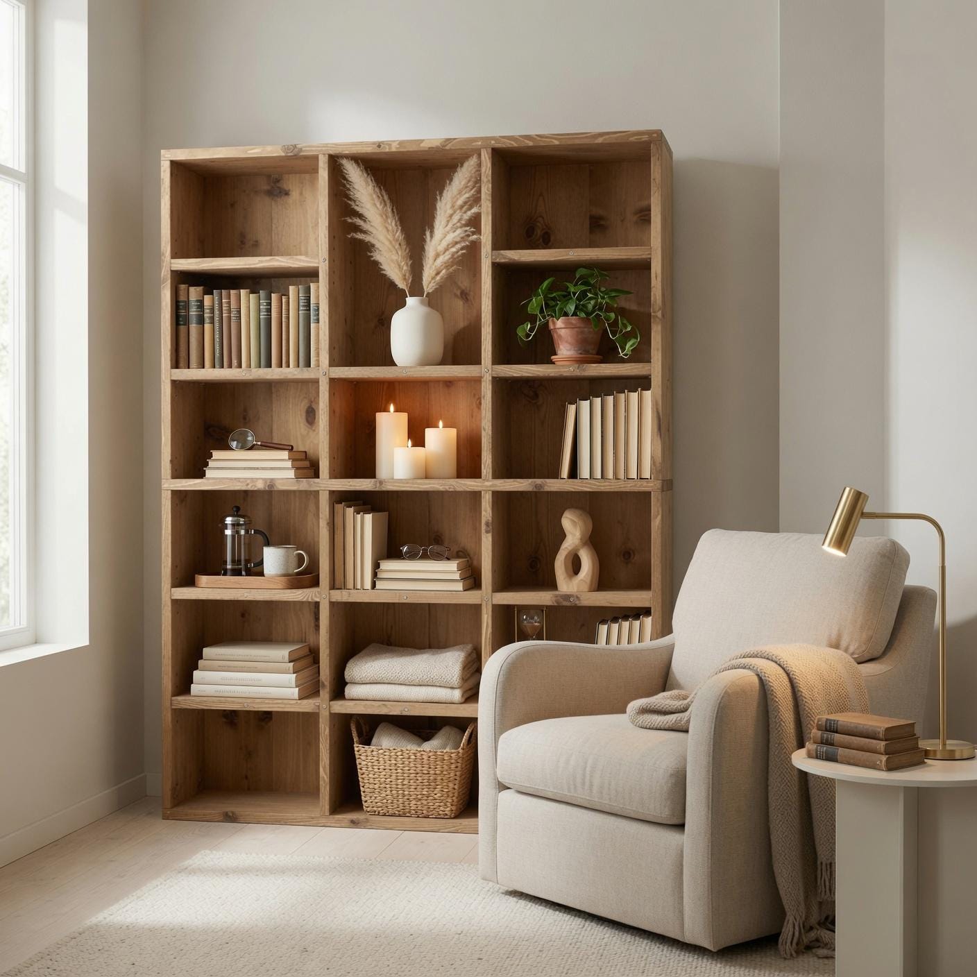 Solid Pine Wood Bookshelf, Rustic Multi-Shelf Storage Rack, Natural Modern Furniture