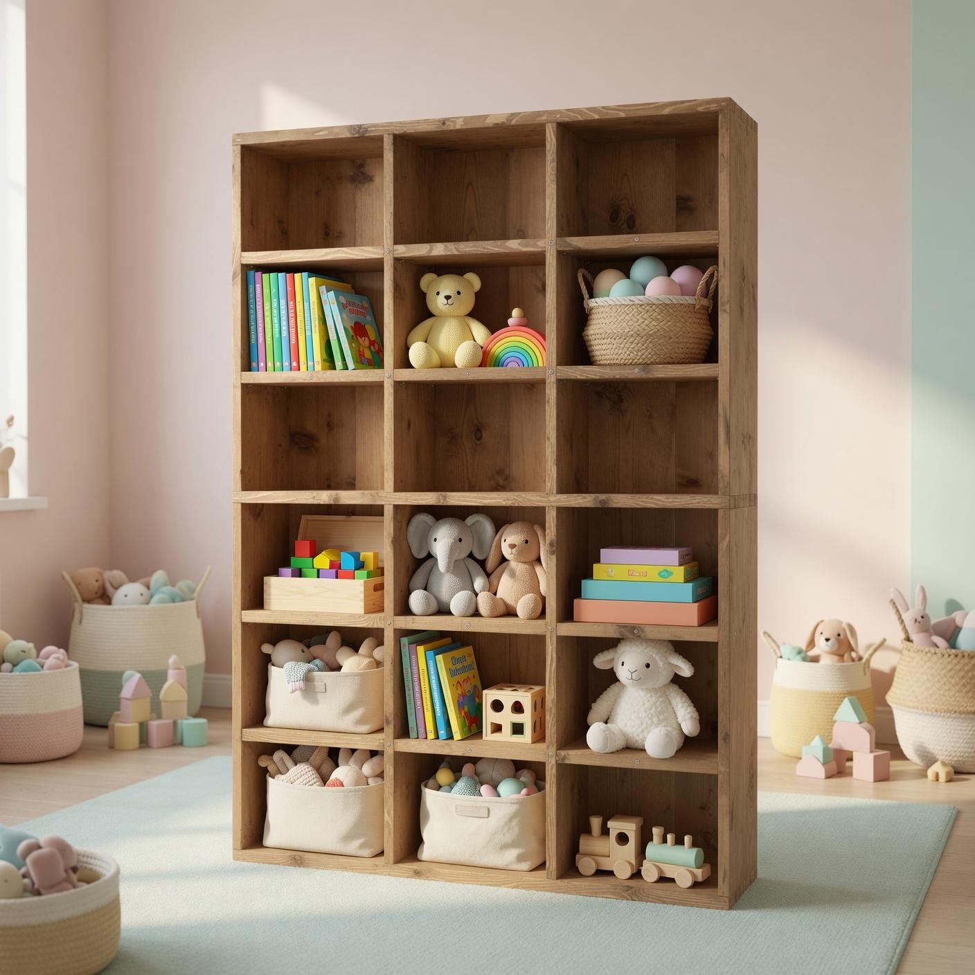 Solid Pine Wood Bookshelf, Rustic Multi-Shelf Storage Rack, Natural Modern Furniture