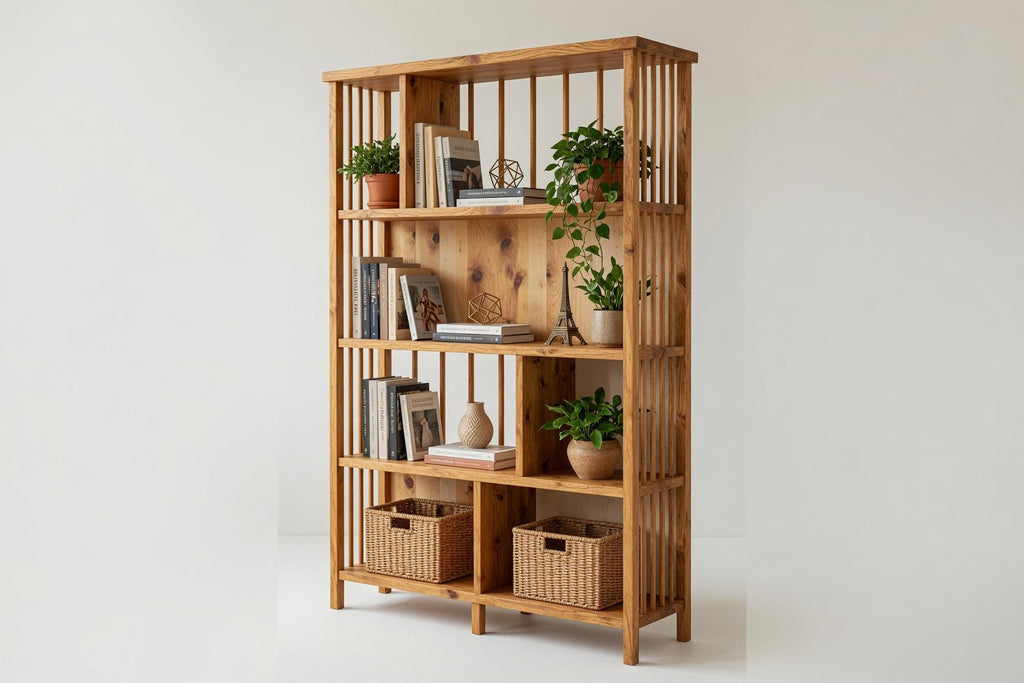 Natural Pine Bookshelf, Rustic Modern Storage Rack, Living Room Office Furniture
