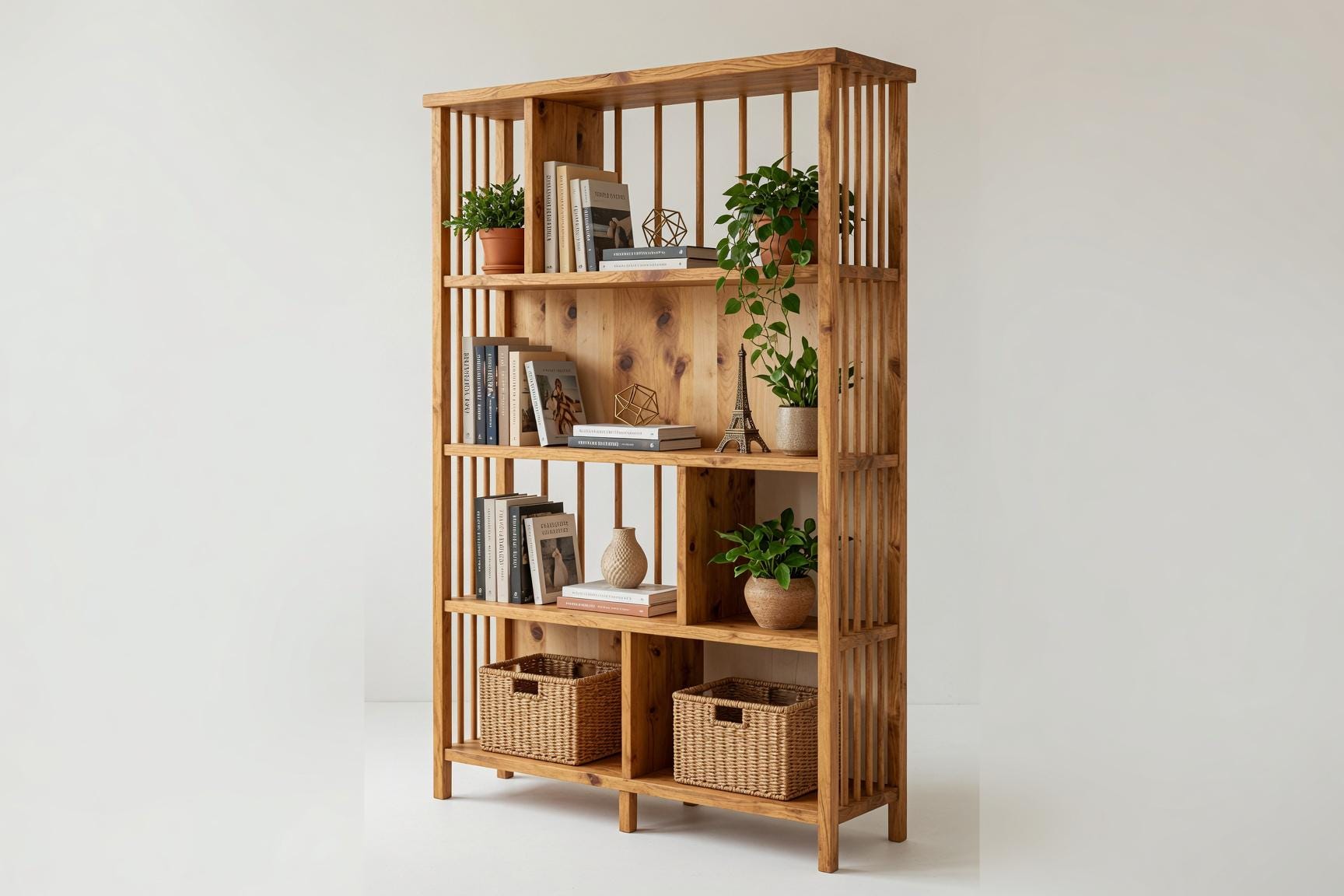 Natural Pine Bookshelf, Rustic Modern Storage Rack, Living Room Office Furniture