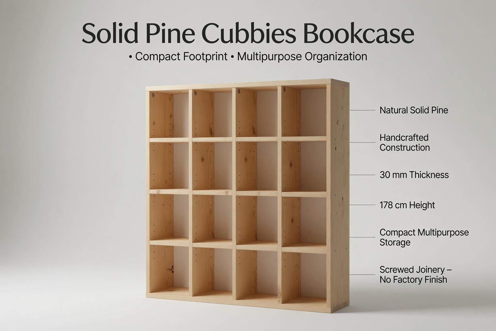 Natural Pine Bookshelf, Rustic Modern Storage Rack, Living Room Office Furniture