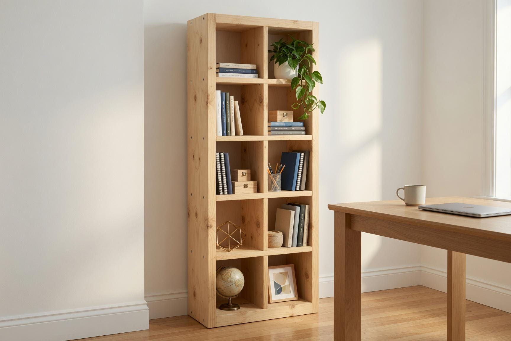 Natural Pine Bookshelf, Rustic Modern 5x2 Shelving Unit, Living Room Storage Rack