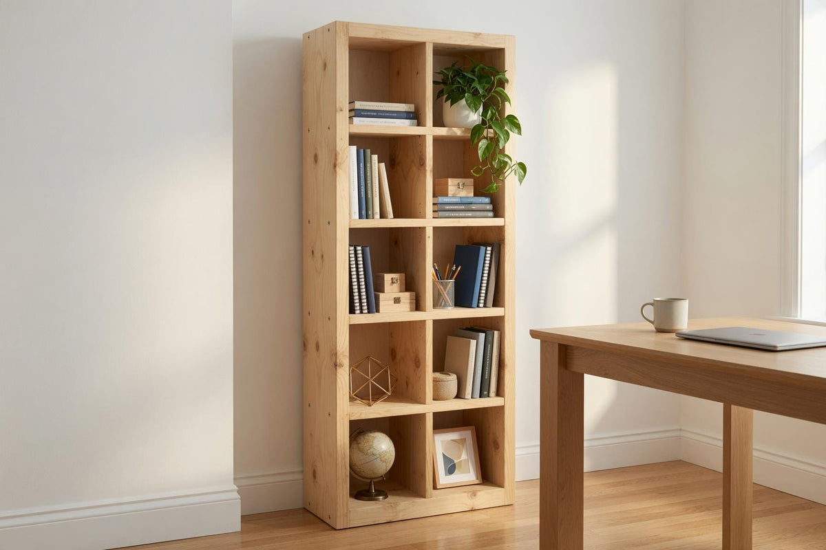 Natural Pine Bookshelf, Rustic Modern 5x2 Shelving Unit, Living Room Storage Rack