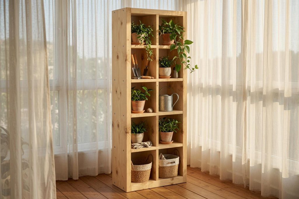 Natural Pine Bookshelf, Rustic Modern 5x2 Shelving Unit, Living Room Storage Rack