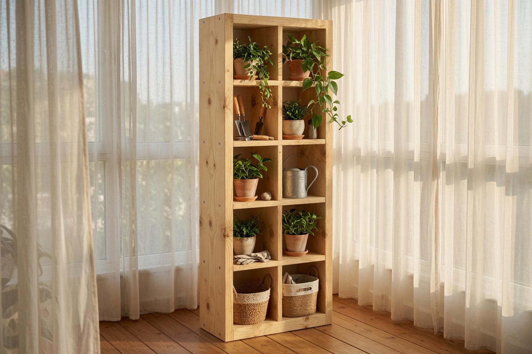 Natural Pine Bookshelf, Rustic Modern 5x2 Shelving Unit, Living Room Storage Rack