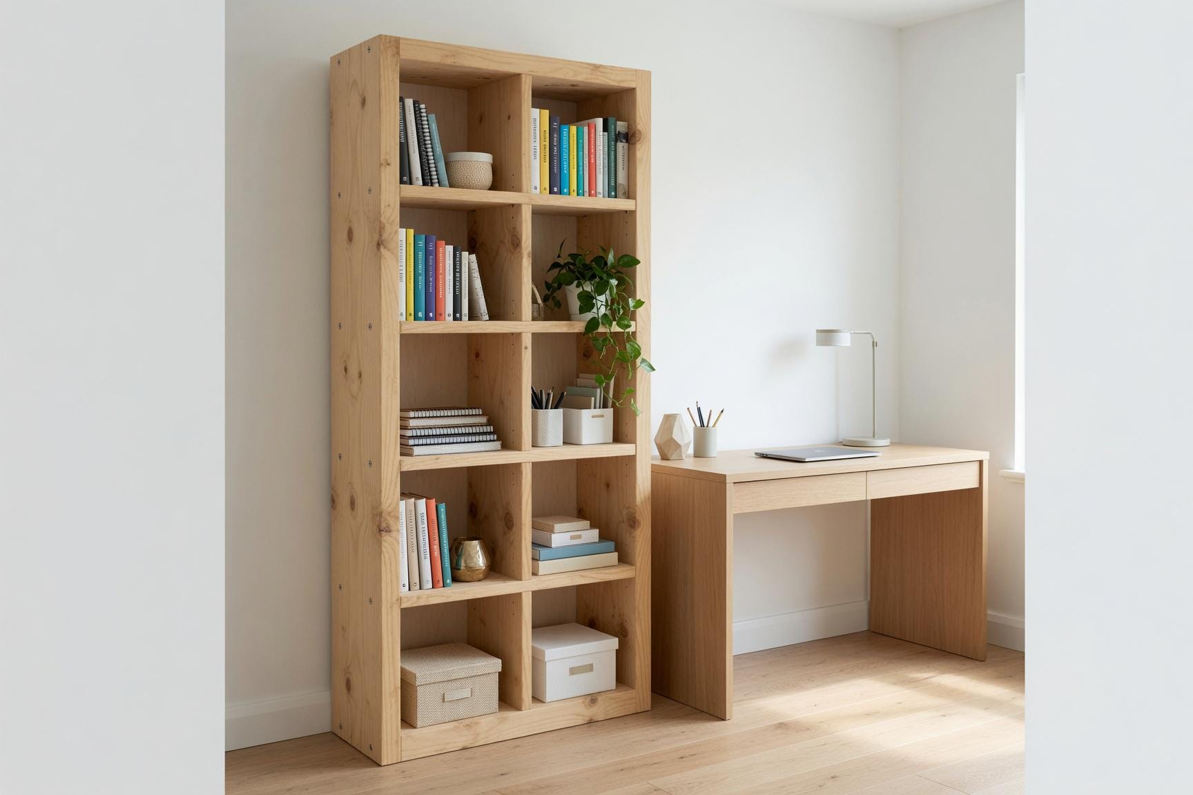 Natural Pine Bookshelf, Rustic Modern 5x2 Shelving Unit, Living Room Storage Rack