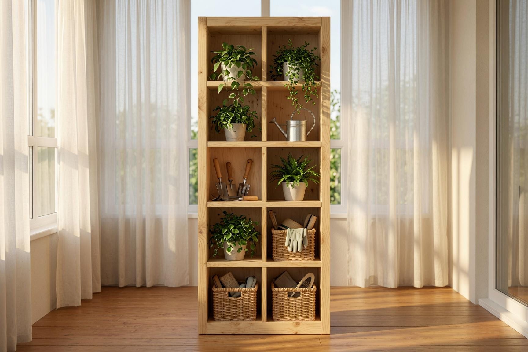 Natural Pine Bookshelf, Rustic Modern 5x2 Shelving Unit, Living Room Storage Rack