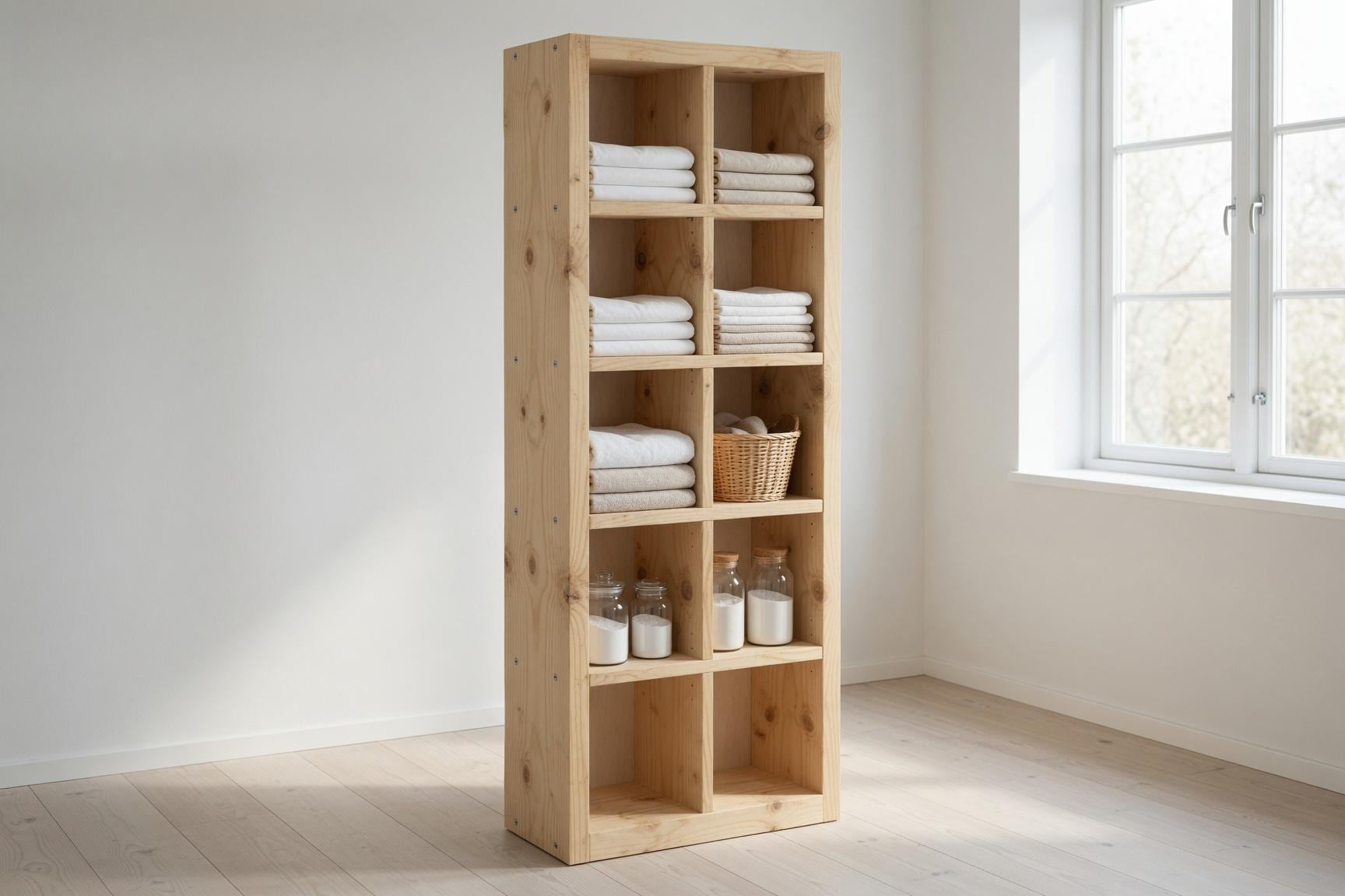 Natural Pine Bookshelf, Rustic Modern 5x2 Shelving Unit, Living Room Storage Rack