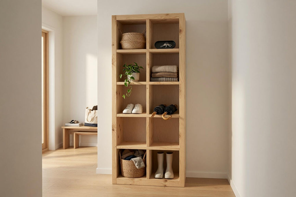 Natural Pine Bookshelf, Rustic Modern 5x2 Shelving Unit, Living Room Storage Rack
