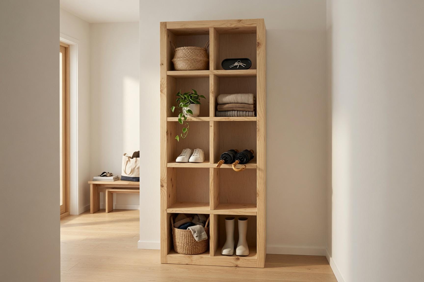 Natural Pine Bookshelf, Rustic Modern 5x2 Shelving Unit, Living Room Storage Rack