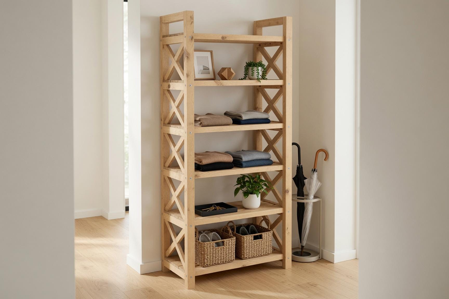 Natural Pine Wood Bookshelf, Rustic Modern 5-Shelf Storage Rack