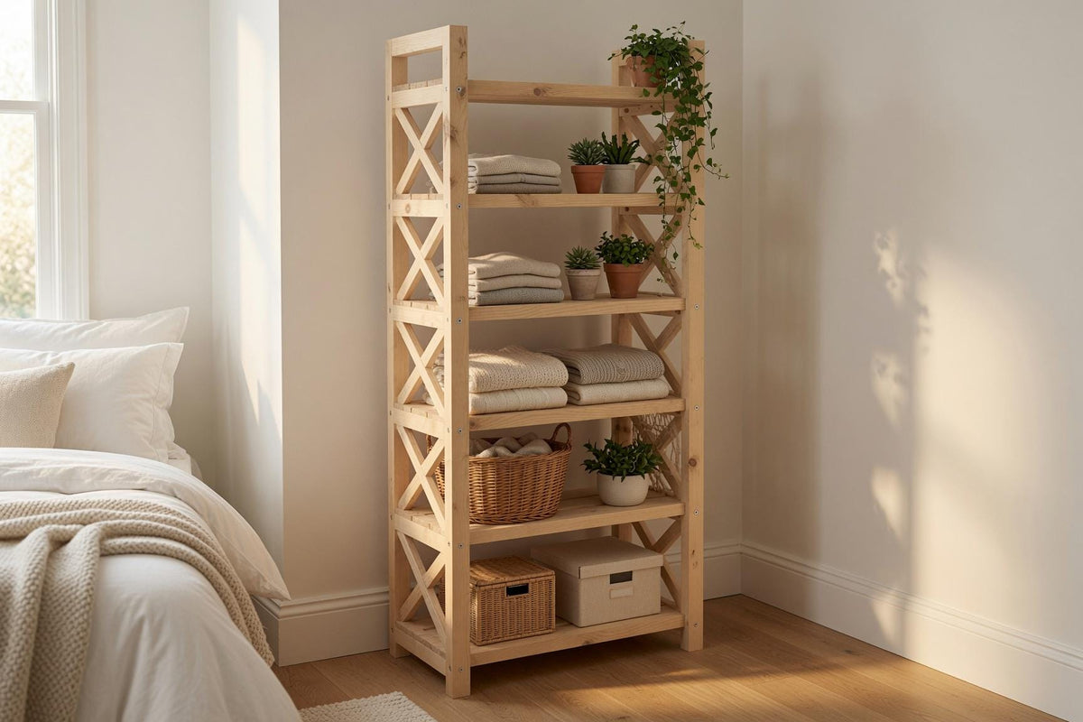 Natural Pine Wood Bookshelf, Rustic Modern 5-Shelf Storage Rack