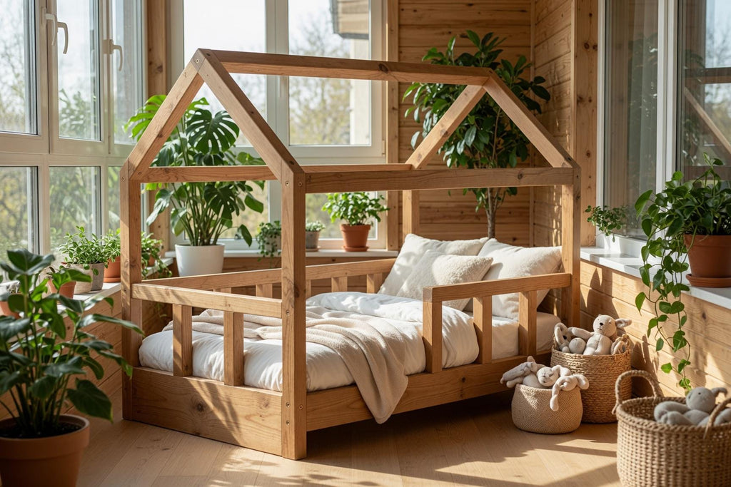 Solid Pine House Bed Frame for Kids | Montessori Floor Bed (141x71x112 cm)