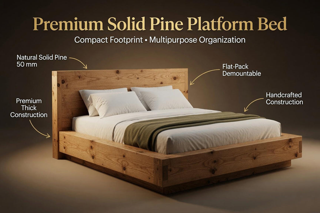 Solid Pine Platform Bed | Thick 50mm Wood, Handcrafted Rustic Frame, Flat-Pack Design