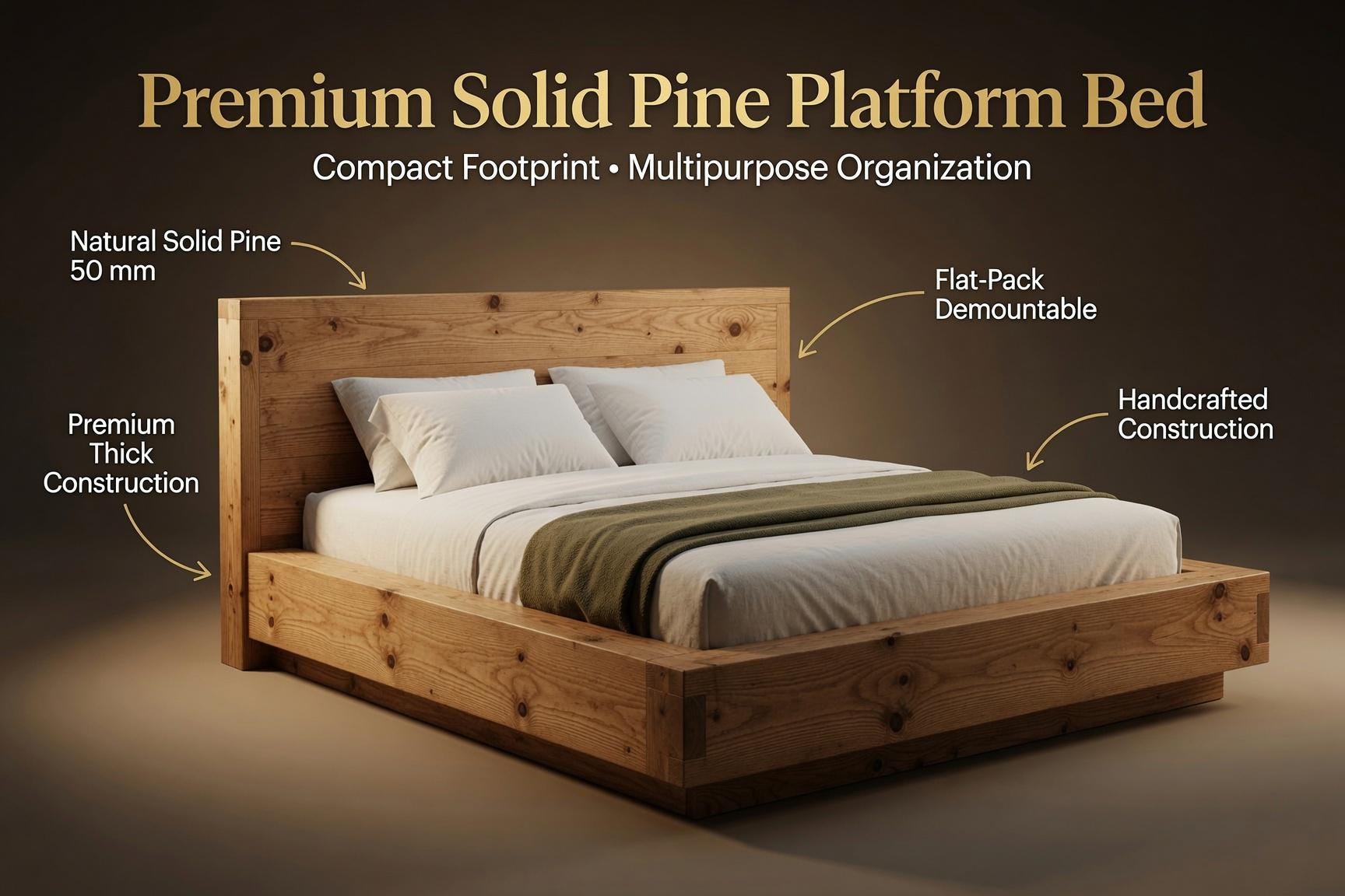 Solid Pine Platform Bed | Thick 50mm Wood, Handcrafted Rustic Frame, Flat-Pack Design