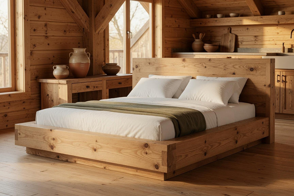Solid Pine Platform Bed | Thick 50mm Wood, Handcrafted Rustic Frame, Flat-Pack Design